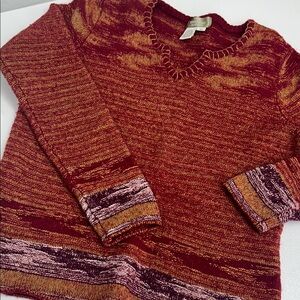Women's Maroon, Gold & Purple Long Sleeve V Neck Wool/Linen/Cotton Blend Sweater